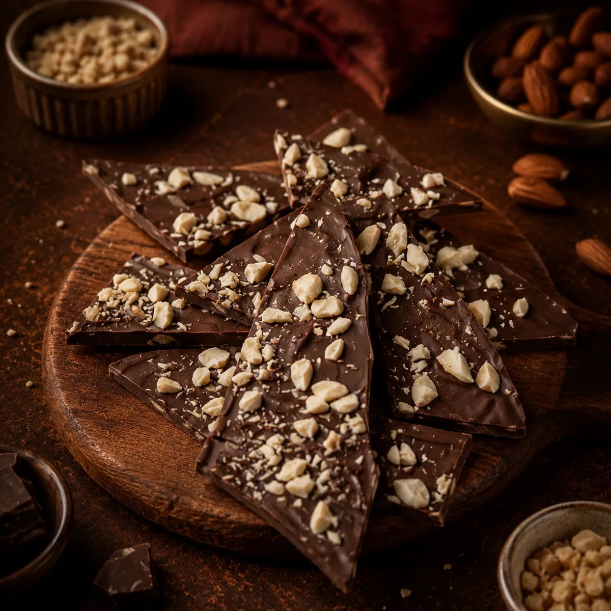 A slab of Roasted Almond Dark chocolate bark, broken into shards