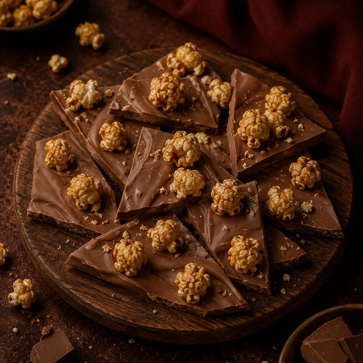 A slab of Caramel Popcorn chocolate bark, broken into shards